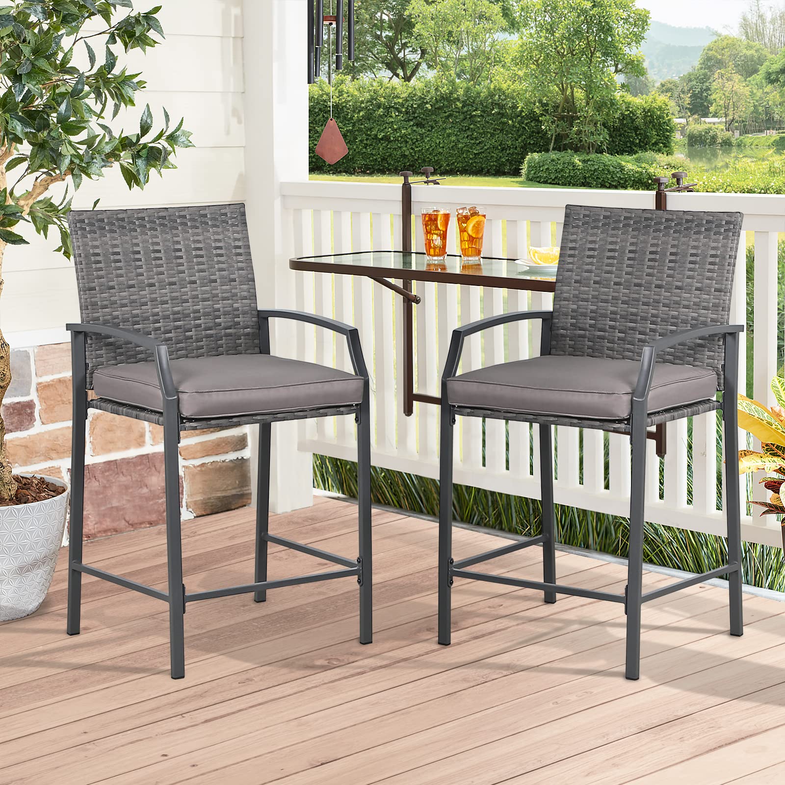 JOIVI Outdoor Wicker Bar Stools Set of 4, Patio Rattan Counter Height Chairs with Cushions, Armrest and Footrest for Indoor, Garden, Poolside, Lawn, Backyard