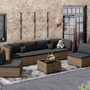 LHBcraft 7 Piece Patio Furniture Set, Outdoor Furniture Patio Sectional Sofa Set, All Weather PE Rattan Outdoor with Black Cushion and Glass Table