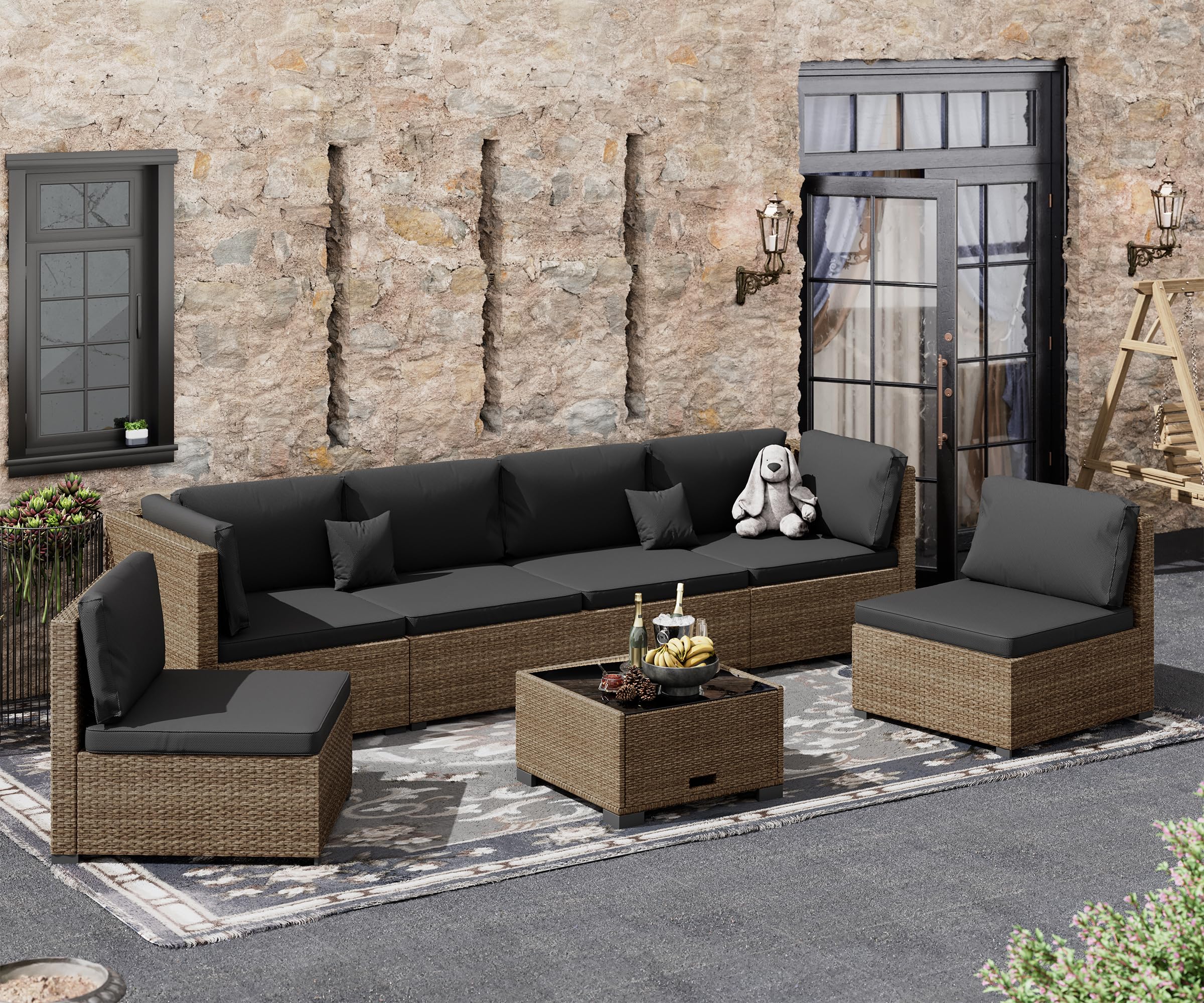 LHBcraft 7 Piece Patio Furniture Set, Outdoor Furniture Patio Sectional Sofa Set, All Weather PE Rattan Outdoor with Black Cushion and Glass Table