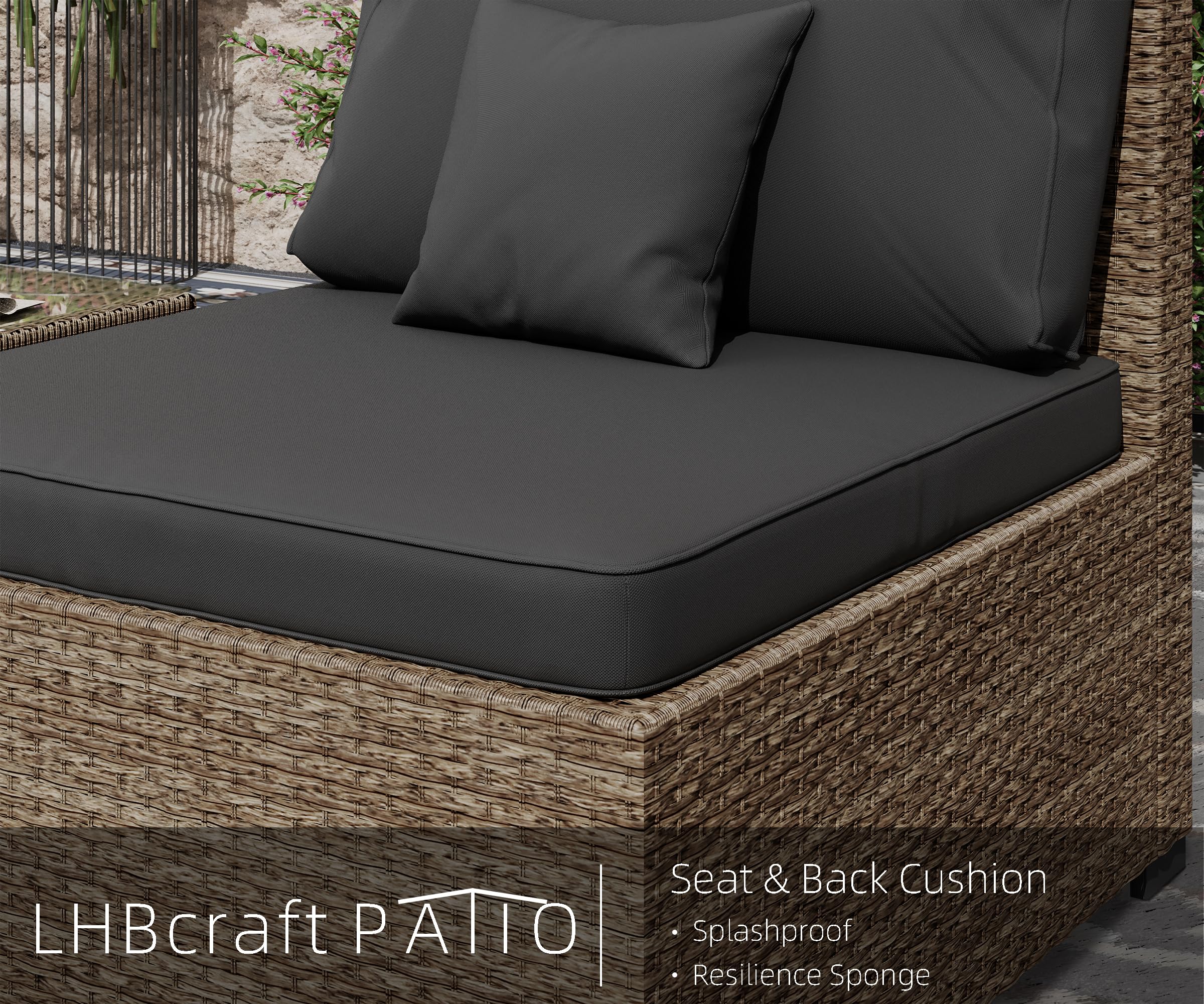 LHBcraft 7 Piece Patio Furniture Set, Outdoor Furniture Patio Sectional Sofa Set, All Weather PE Rattan Outdoor with Black Cushion and Glass Table