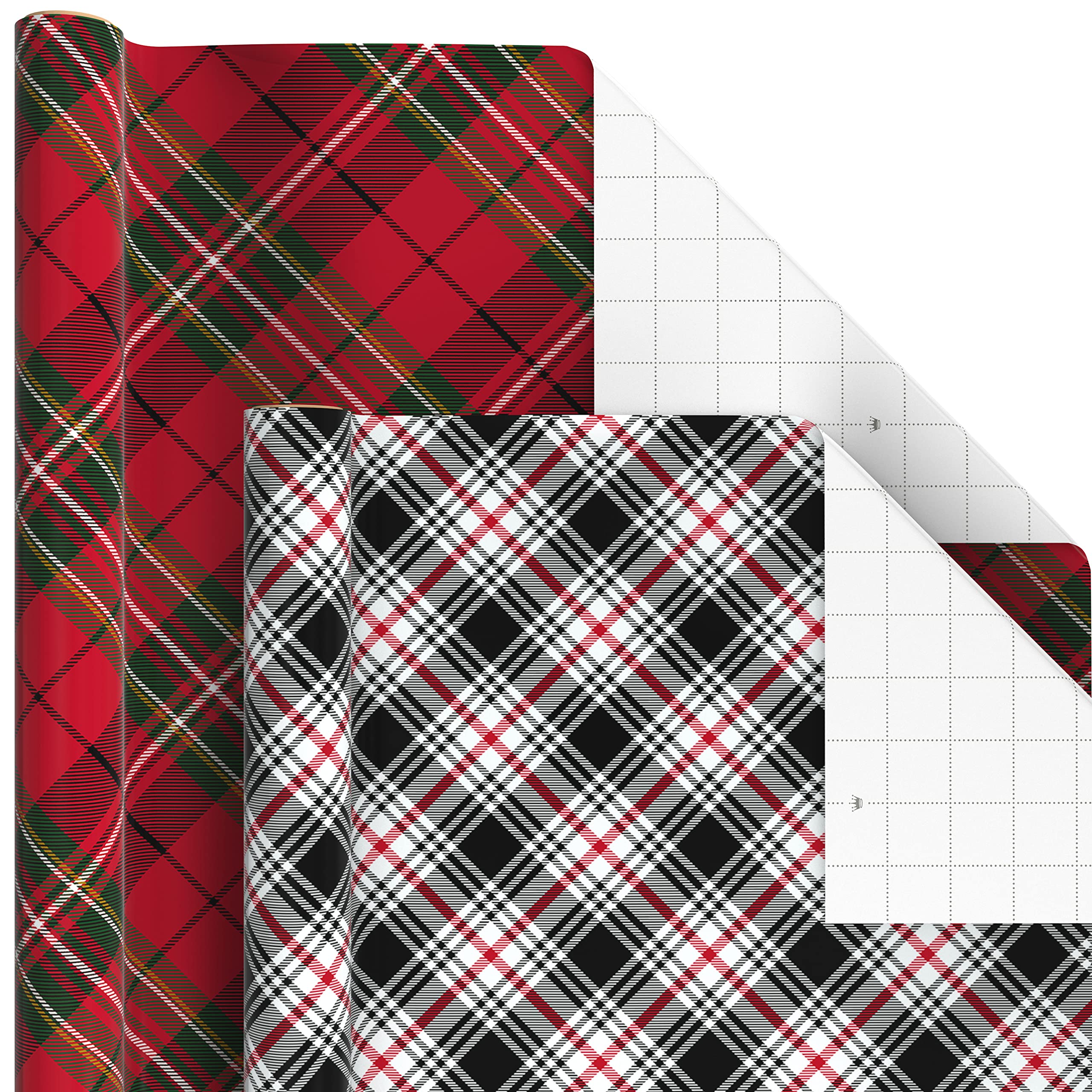 Hallmark Christmas Wrapping Paper Rolls - Black and Red Buffalo Plaid, Royal Stewart Tartan, Blue, Green (6 Rolls: 180 sq. ft. ttl.) for Holiday Parties, Hanukkah, Winter Weddings