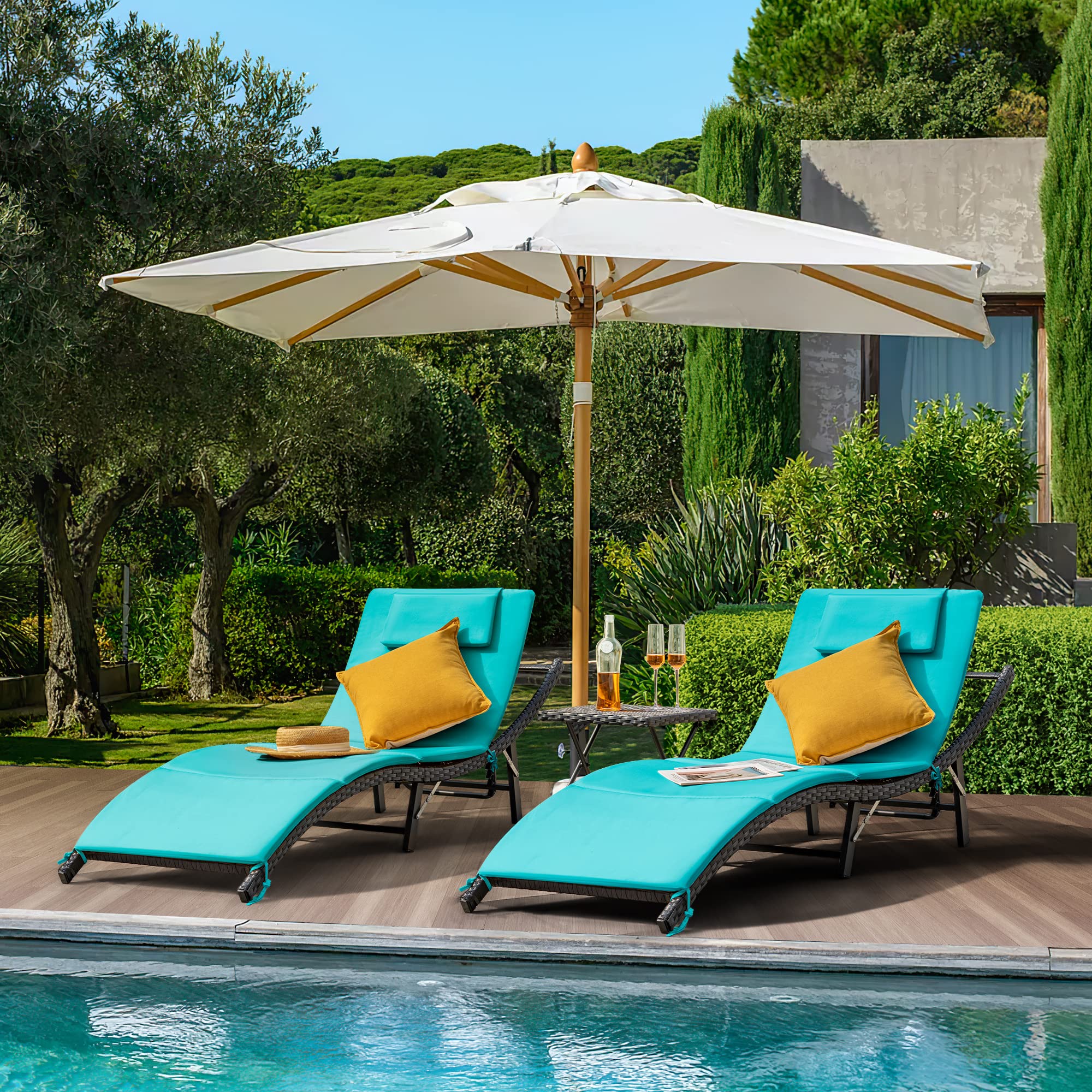 Rankok Outdoor Lounge Chairs Set 3 Pieces Adjustable Chaise Lounge with Folding Table and Cushion for Garden, Poolside, Beach (Blue)