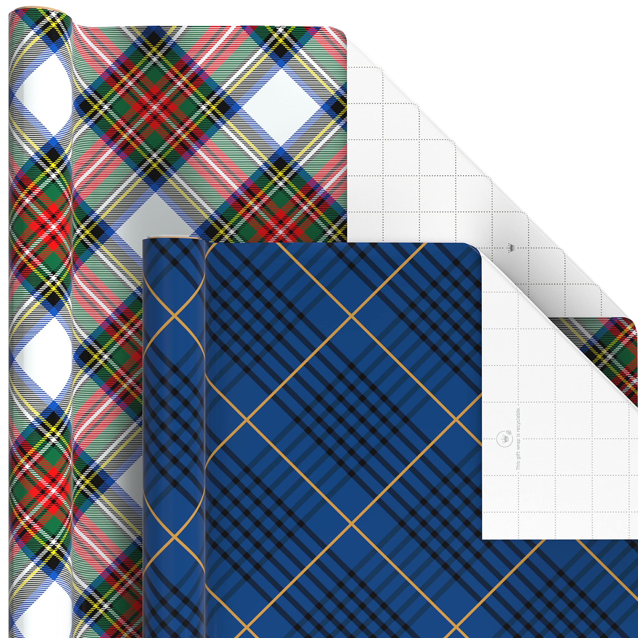 Hallmark Christmas Wrapping Paper Rolls - Black and Red Buffalo Plaid, Royal Stewart Tartan, Blue, Green (6 Rolls: 180 sq. ft. ttl.) for Holiday Parties, Hanukkah, Winter Weddings