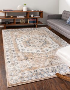 unique loom oxford collection area rug - sheldonian (9' x 12' rectangle, beige/ navy blue)