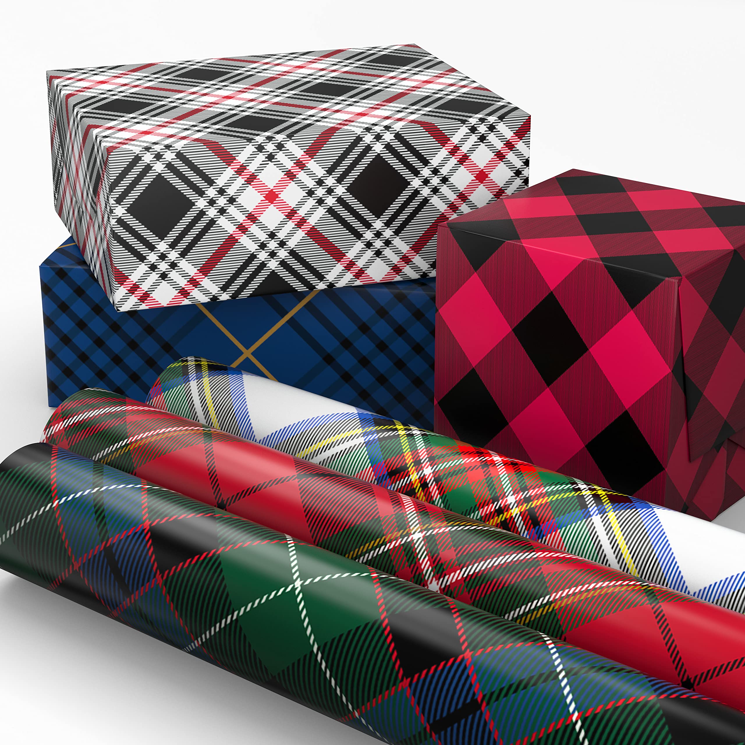 Hallmark Christmas Wrapping Paper Rolls - Black and Red Buffalo Plaid, Royal Stewart Tartan, Blue, Green (6 Rolls: 180 sq. ft. ttl.) for Holiday Parties, Hanukkah, Winter Weddings