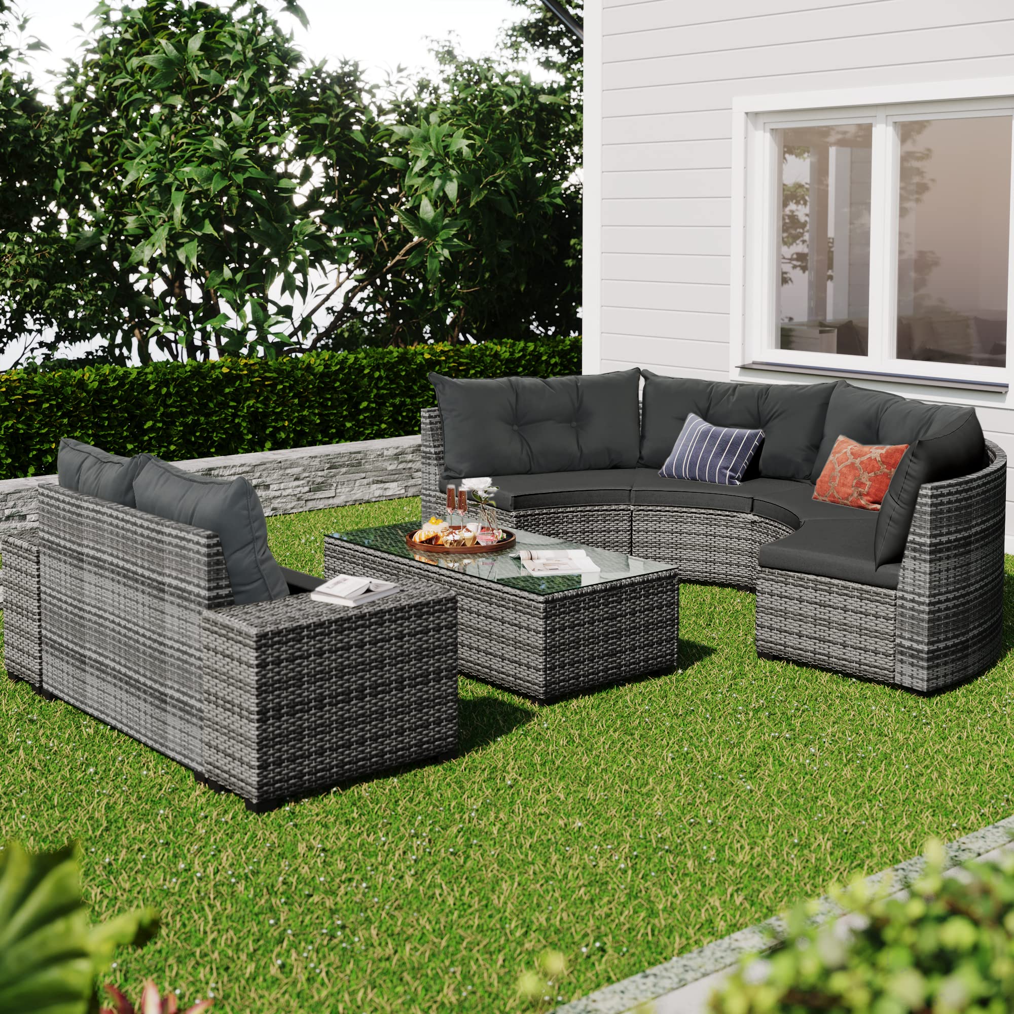 YSWH 8-Piece Half Moon Outdoor Sectional Furniture Cushioned Sofa Set, All-Weather PE Wicker Patio Curved Conversation Sets with Rectangular Coffee Table and Side Tables