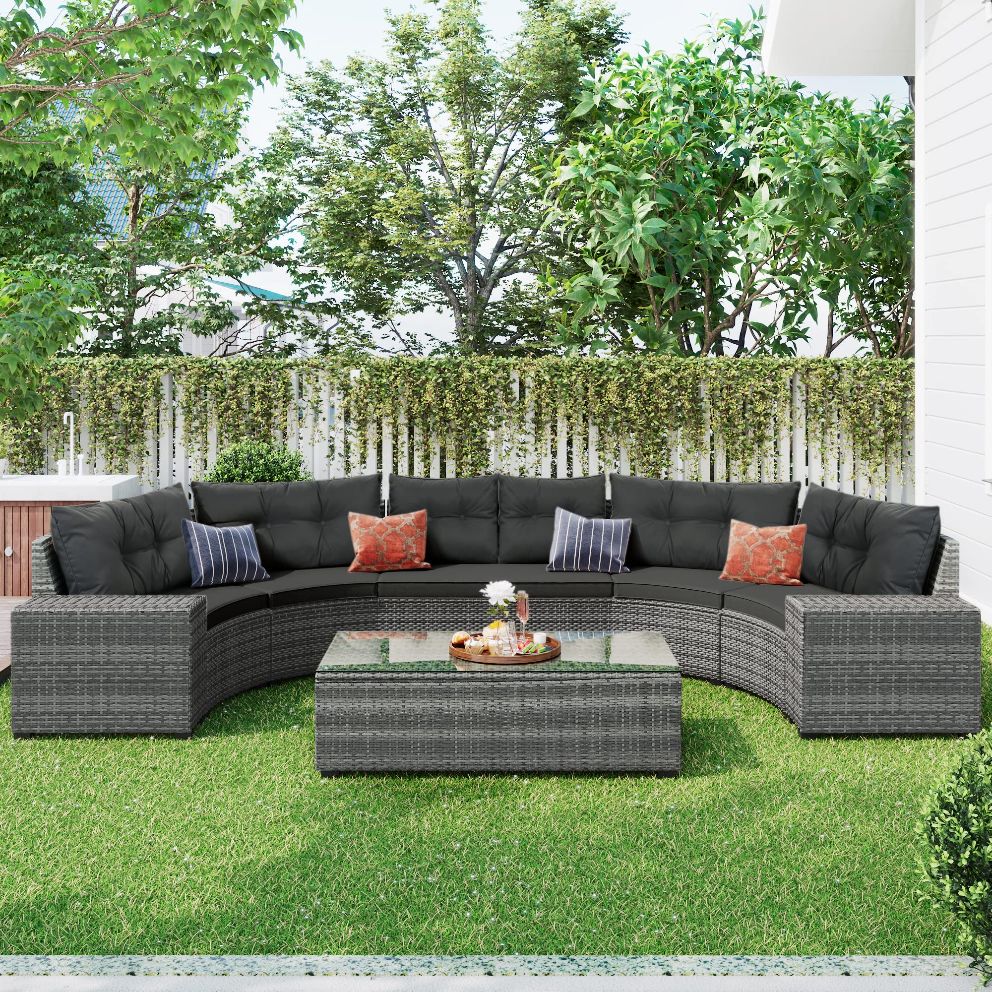 YSWH 8-Piece Half Moon Outdoor Sectional Furniture Cushioned Sofa Set, All-Weather PE Wicker Patio Curved Conversation Sets with Rectangular Coffee Table and Side Tables