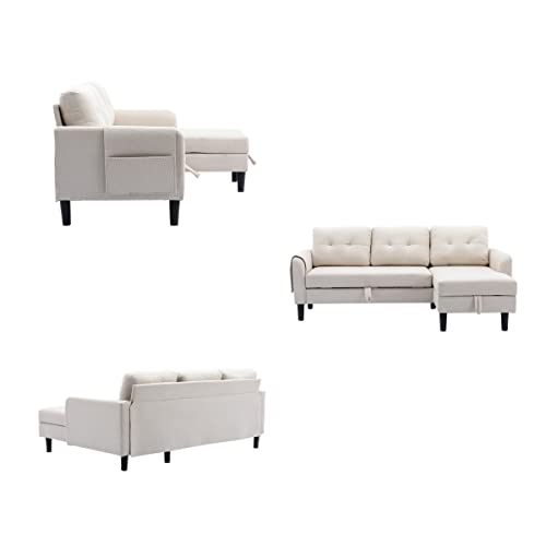 PEIHONGET Sectional Sleeper Sofa with Pull Out Bed, 3-Seater Sofa Couch with Storage Modern L-Shaped Sofa Bed with Chaise Lounge for Small Spaces, Living Room(Beige+Polyester)