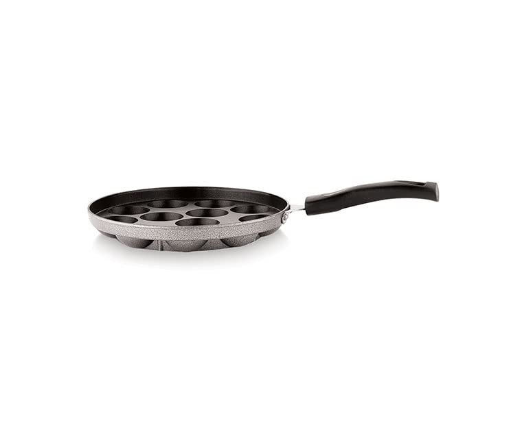 Non Stick Aluminium Appam Pan 12 Cavity With Handel and Stainless Steel Lid - Blak and Silver