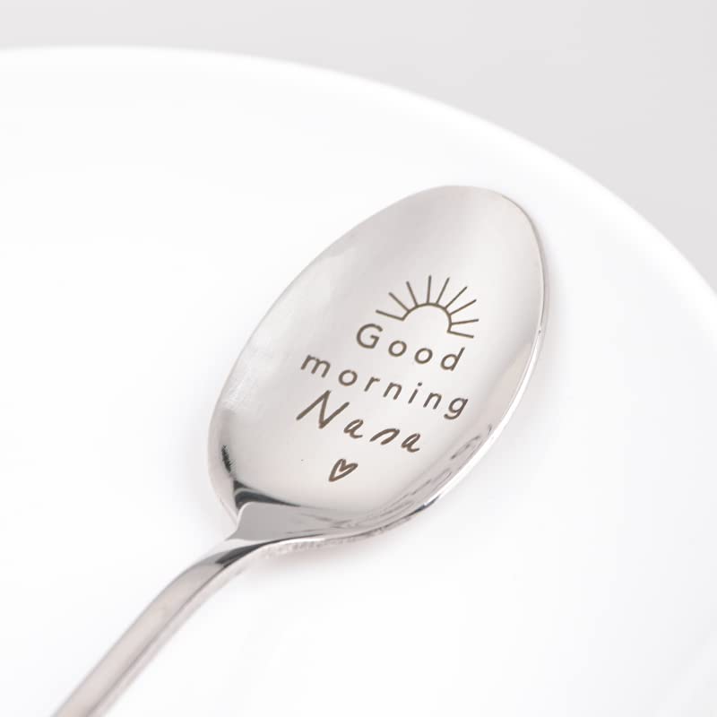 Good Morning Nana Spoon Gifts from Granddaughter Grandson Grandma Coffee Tea Spoons Gift for Nana Mothdays Day Birthday Gifts for Grandma Granny Nana Engraved Spoons