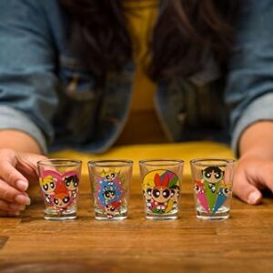 Silver Buffalo The Powerpuff Girls Featuring Blossom, Bubbles, and Buttercup 4 Pack Mini Glass Set, 1.5 Ounces