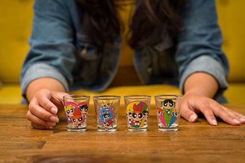 Silver Buffalo The Powerpuff Girls Featuring Blossom, Bubbles, and Buttercup 4 Pack Mini Glass Set, 1.5 Ounces