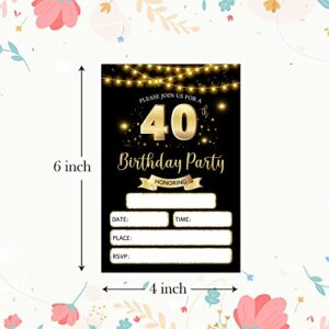 RLCNOT 40th Birthday Invitations Cards with Envelopes Set of 20 - Classic Black Gold Birthday Party Invitations for Teens, Adult, Man, Woman, Party Celebration, Supplies/BDAY097