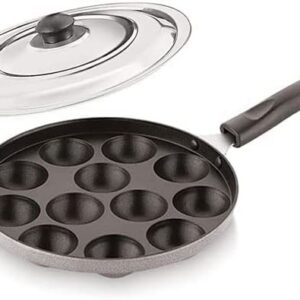 Non Stick Aluminium Appam Pan 12 Cavity With Handel and Stainless Steel Lid - Blak and Silver