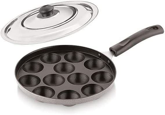 Non Stick Aluminium Appam Pan 12 Cavity With Handel and Stainless Steel Lid - Blak and Silver