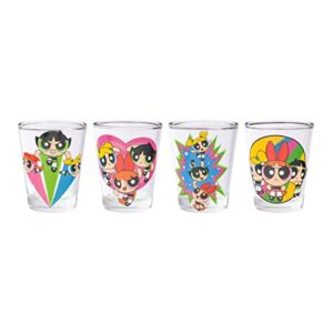 Silver Buffalo The Powerpuff Girls Featuring Blossom, Bubbles, and Buttercup 4 Pack Mini Glass Set, 1.5 Ounces