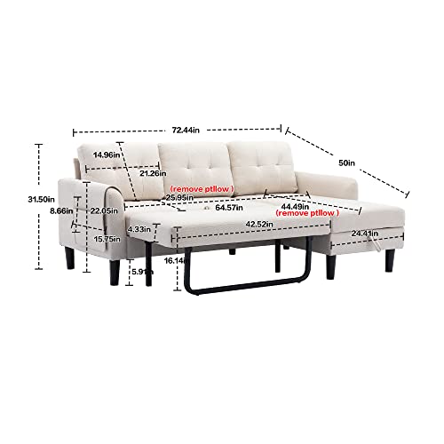 PEIHONGET Sectional Sleeper Sofa with Pull Out Bed, 3-Seater Sofa Couch with Storage Modern L-Shaped Sofa Bed with Chaise Lounge for Small Spaces, Living Room(Beige+Polyester)