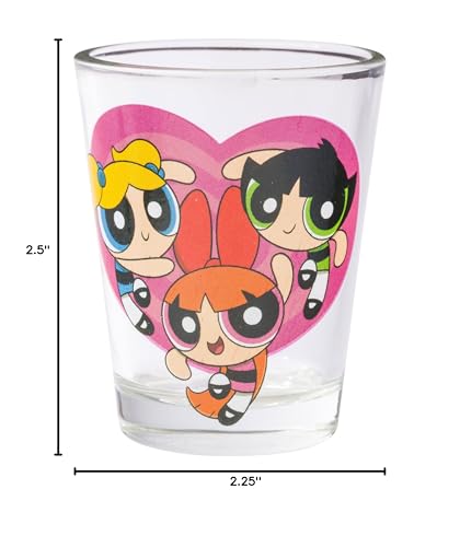 Silver Buffalo The Powerpuff Girls Featuring Blossom, Bubbles, and Buttercup 4 Pack Mini Glass Set, 1.5 Ounces