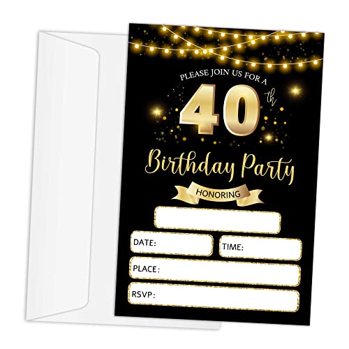 RLCNOT 40th Birthday Invitations Cards with Envelopes Set of 20 - Classic Black Gold Birthday Party Invitations for Teens, Adult, Man, Woman, Party Celebration, Supplies/BDAY097