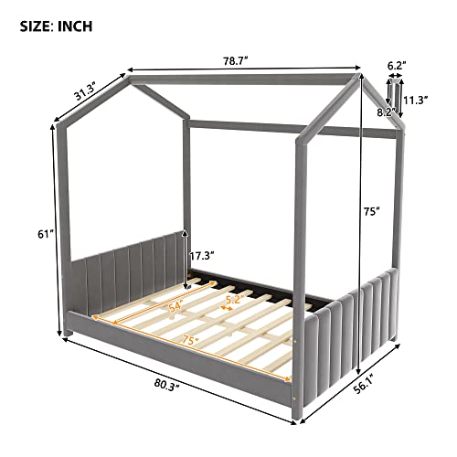 Merax Full Size Velvet House Bed Wood Bed