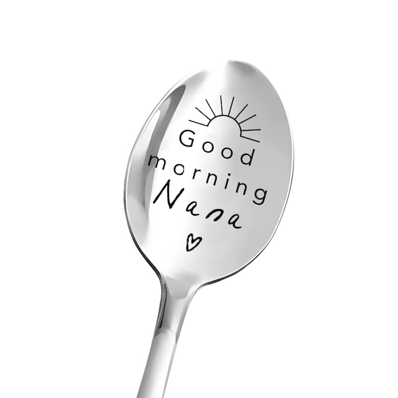 Good Morning Nana Spoon Gifts from Granddaughter Grandson Grandma Coffee Tea Spoons Gift for Nana Mothdays Day Birthday Gifts for Grandma Granny Nana Engraved Spoons