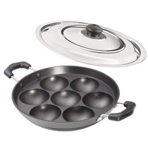 Satre Online and Marketing Small 7 Cavity Non-Stick Aluminium Heavy Induction Base Appam Pan With Steel Lid - Black,Silver,Red