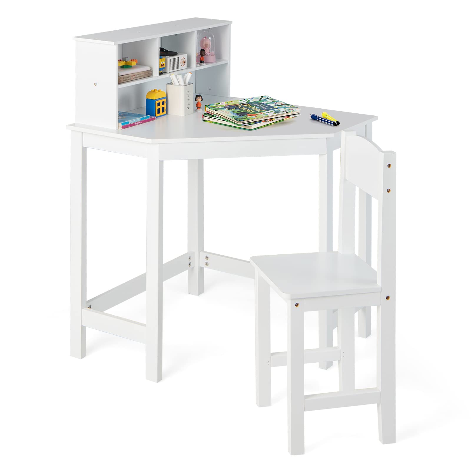 Costzon Kids Desk and Chair Set, White Corner Desk with Hutch for Small Space, Bedroom, Children School Study Table, Student Computer Workstation, Space Saving Writing Desk for Kids