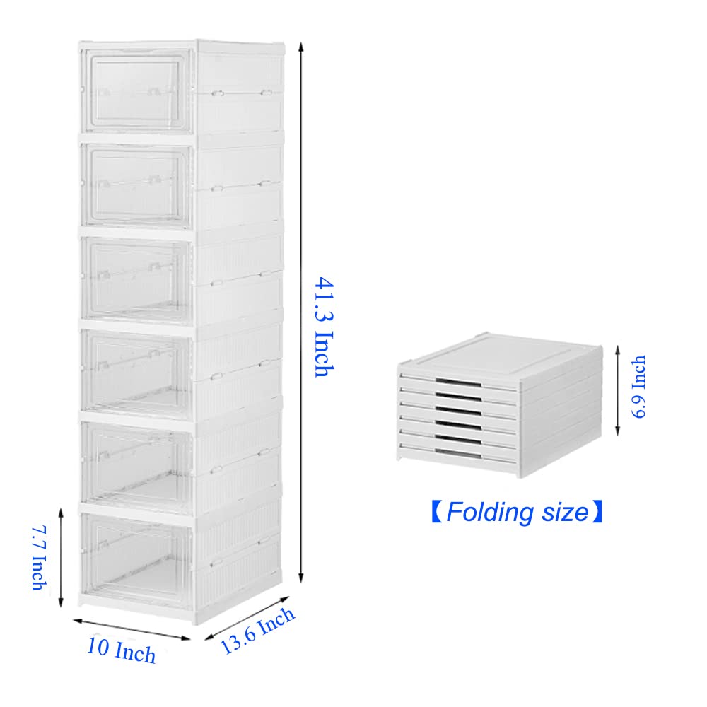 NATGIFT Foldable Shoe Rack Collapsible Storage Box Size up to 14, Stackable Plastic Bins Tote with Lids Organizing Installation Free Clear Dustproof 6 Layers