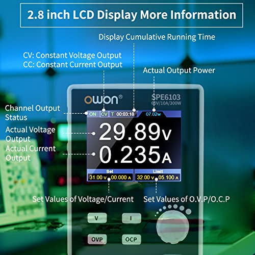 OWON SPE6103 Programmable Lab Power Supply (0-60V 0-10 A), 300w Bench DC Power Supply with 2.8inch LCD Display and Output Enable/Disable Button,Single Channel Output with PC Software and USB Charging