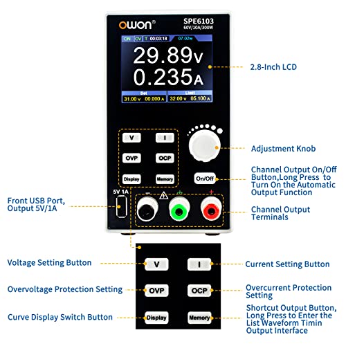 OWON SPE6103 Programmable Lab Power Supply (0-60V 0-10 A), 300w Bench DC Power Supply with 2.8inch LCD Display and Output Enable/Disable Button,Single Channel Output with PC Software and USB Charging