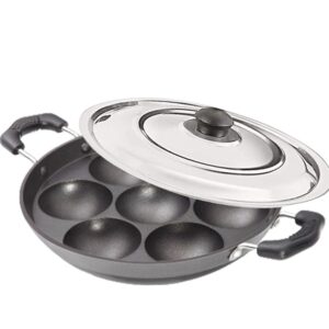 Satre Online and Marketing Small 7 Cavity Non-Stick Aluminium Heavy Induction Base Appam Pan With Steel Lid - Black,Silver,Red