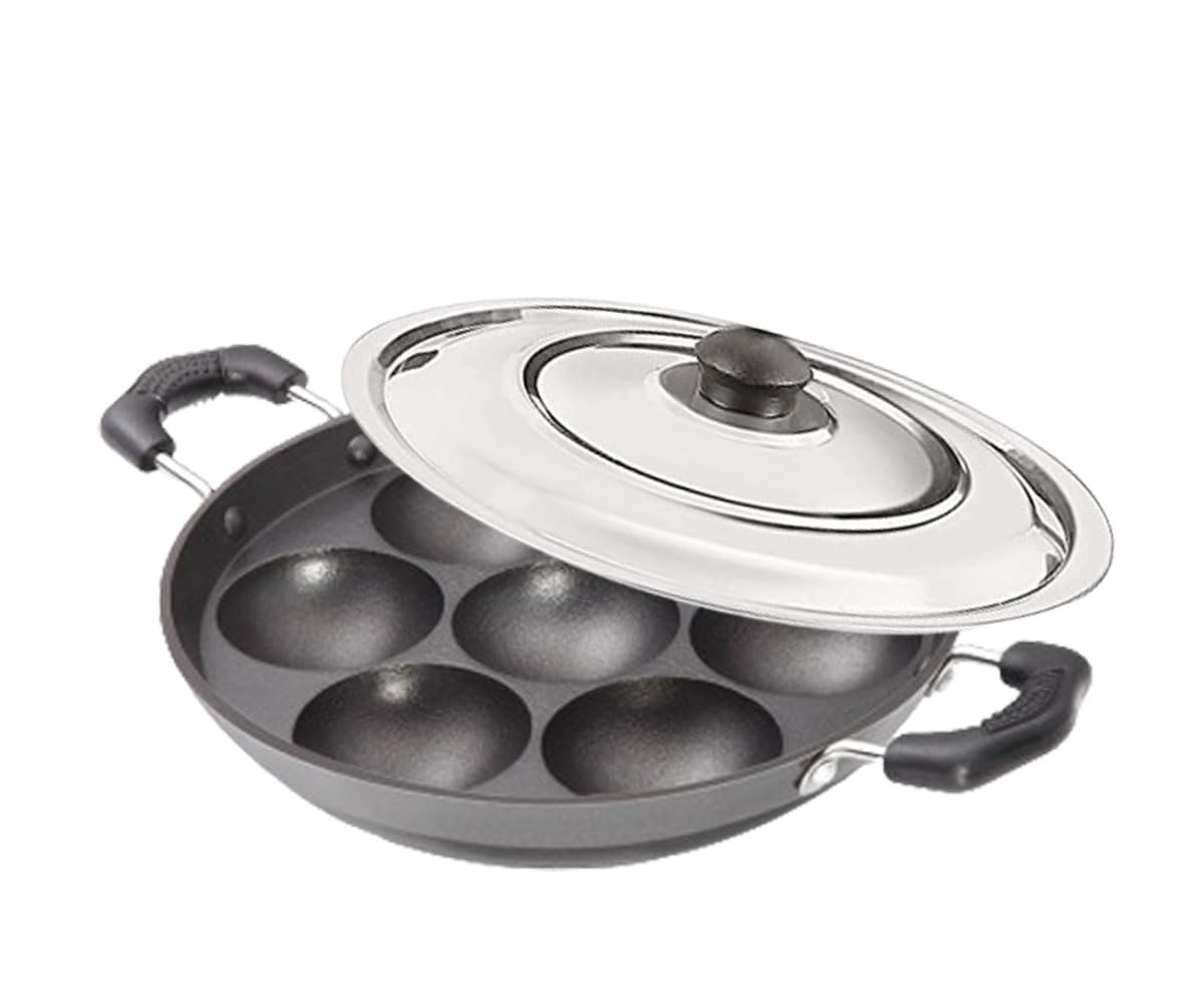 Satre Online and Marketing Small 7 Cavity Non-Stick Aluminium Heavy Induction Base Appam Pan With Steel Lid - Black,Silver,Red