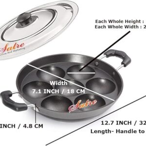 Satre Online and Marketing Small 7 Cavity Non-Stick Aluminium Heavy Induction Base Appam Pan With Steel Lid - Black,Silver,Red