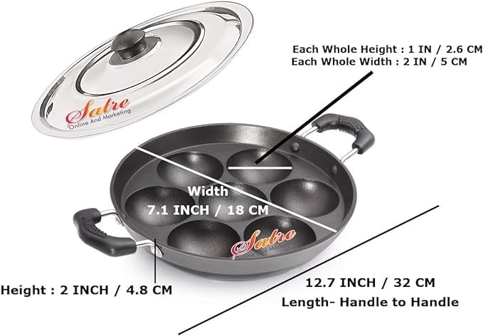 Satre Online and Marketing Small 7 Cavity Non-Stick Aluminium Heavy Induction Base Appam Pan With Steel Lid - Black,Silver,Red