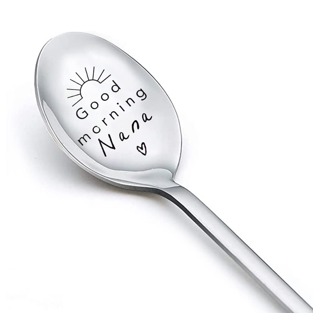 Good Morning Nana Spoon Gifts from Granddaughter Grandson Grandma Coffee Tea Spoons Gift for Nana Mothdays Day Birthday Gifts for Grandma Granny Nana Engraved Spoons