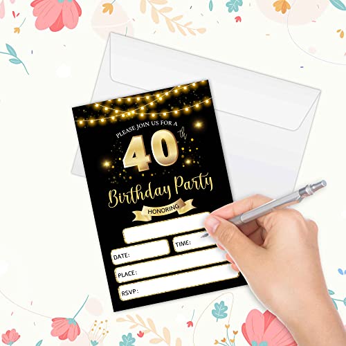 RLCNOT 40th Birthday Invitations Cards with Envelopes Set of 20 - Classic Black Gold Birthday Party Invitations for Teens, Adult, Man, Woman, Party Celebration, Supplies/BDAY097