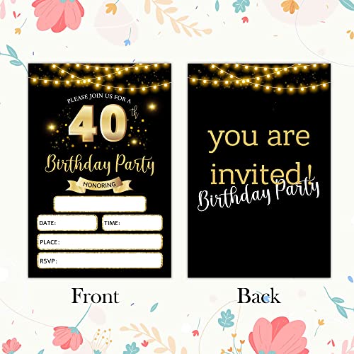 RLCNOT 40th Birthday Invitations Cards with Envelopes Set of 20 - Classic Black Gold Birthday Party Invitations for Teens, Adult, Man, Woman, Party Celebration, Supplies/BDAY097