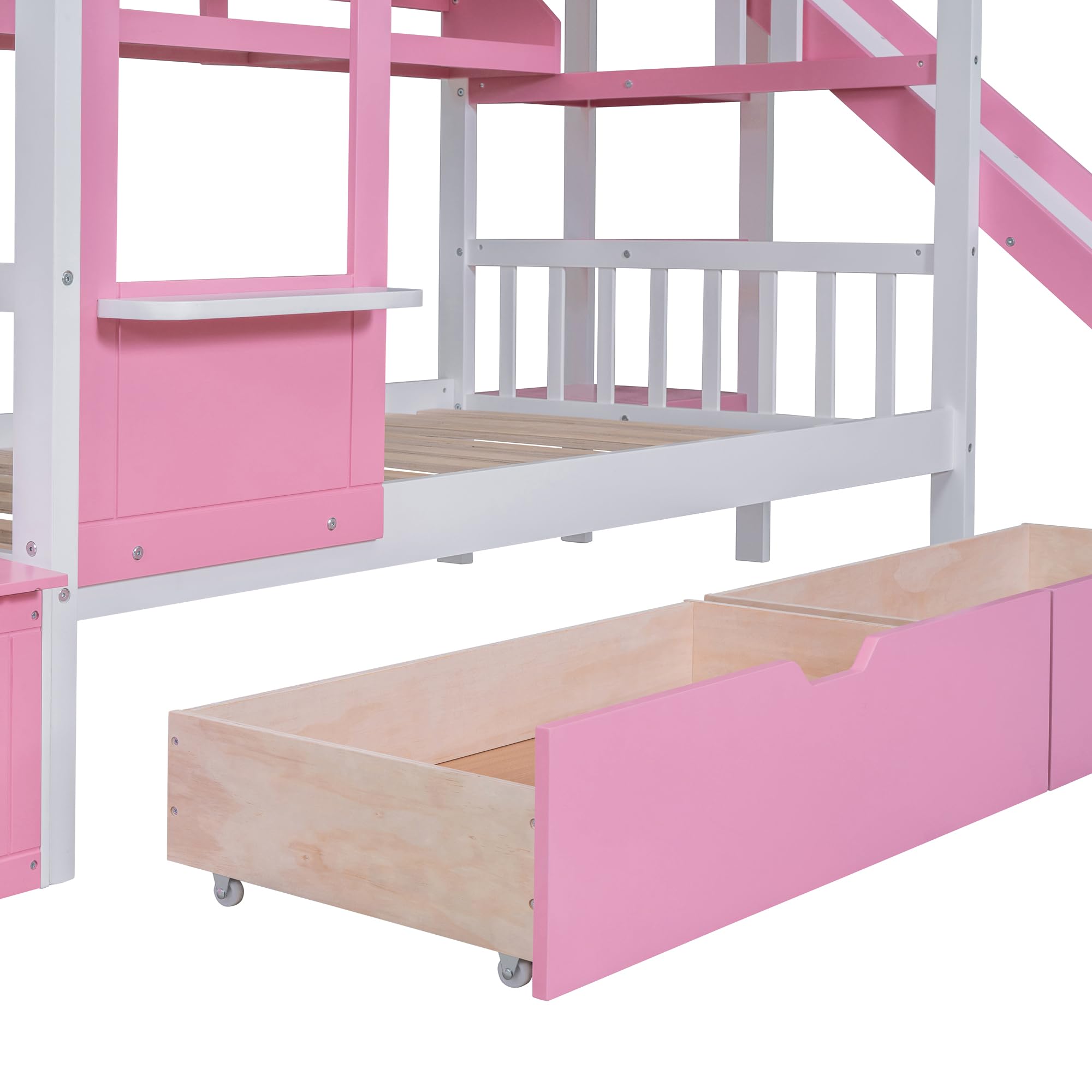 SIYSNKSI Twin-Over-Twin Castle Style Bunk Bed with 2 Drawers and 3 Shelves, Wood Bunk Bed Frame with Slide and Storage Staircase for Kids Teens Boys Girls, Maximize Space Savings (Pink-Twin-3)