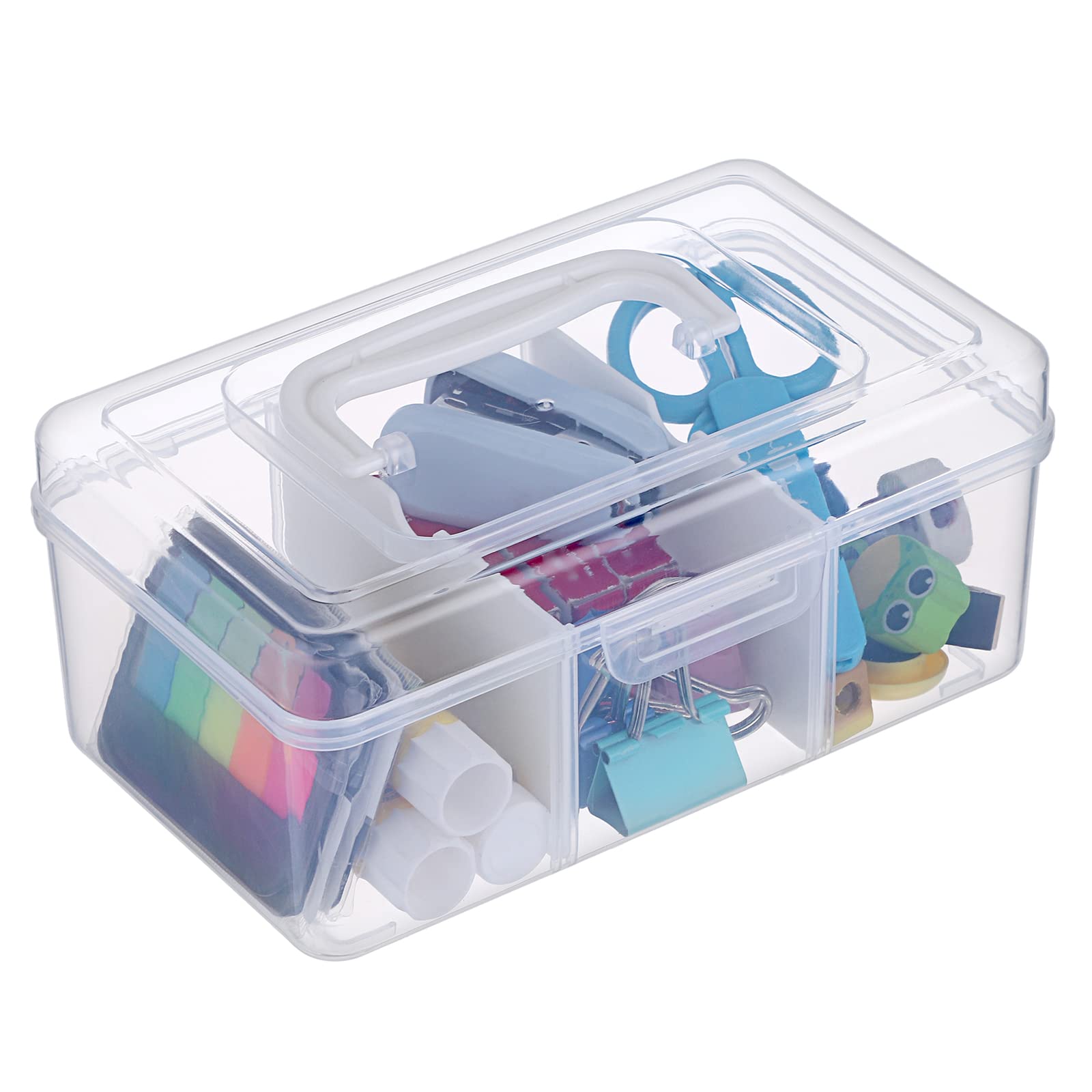 BTSKY Portable Small Storage Box with Flap Lid Clear Plastic Dividing Storage Container with Removable Inserts Multipurpose Plastic Sewing Box Craft Box for Beads, Threads, Stationery, Art Supplies