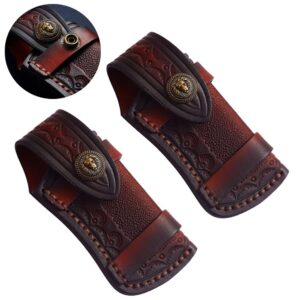 2PC Hand Made Carved Leather Sheath for Folding Knife Cover Pouch Belt Clip