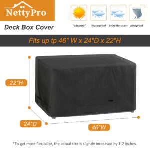 NettyPro Deck Box Cover, Fade Resistant Outdoor Patio Waterproof Storage Box Bench Cover for Rectangular 71-100 Gallon Resin Deck Box, 46 x 24 x 22 inch, Black