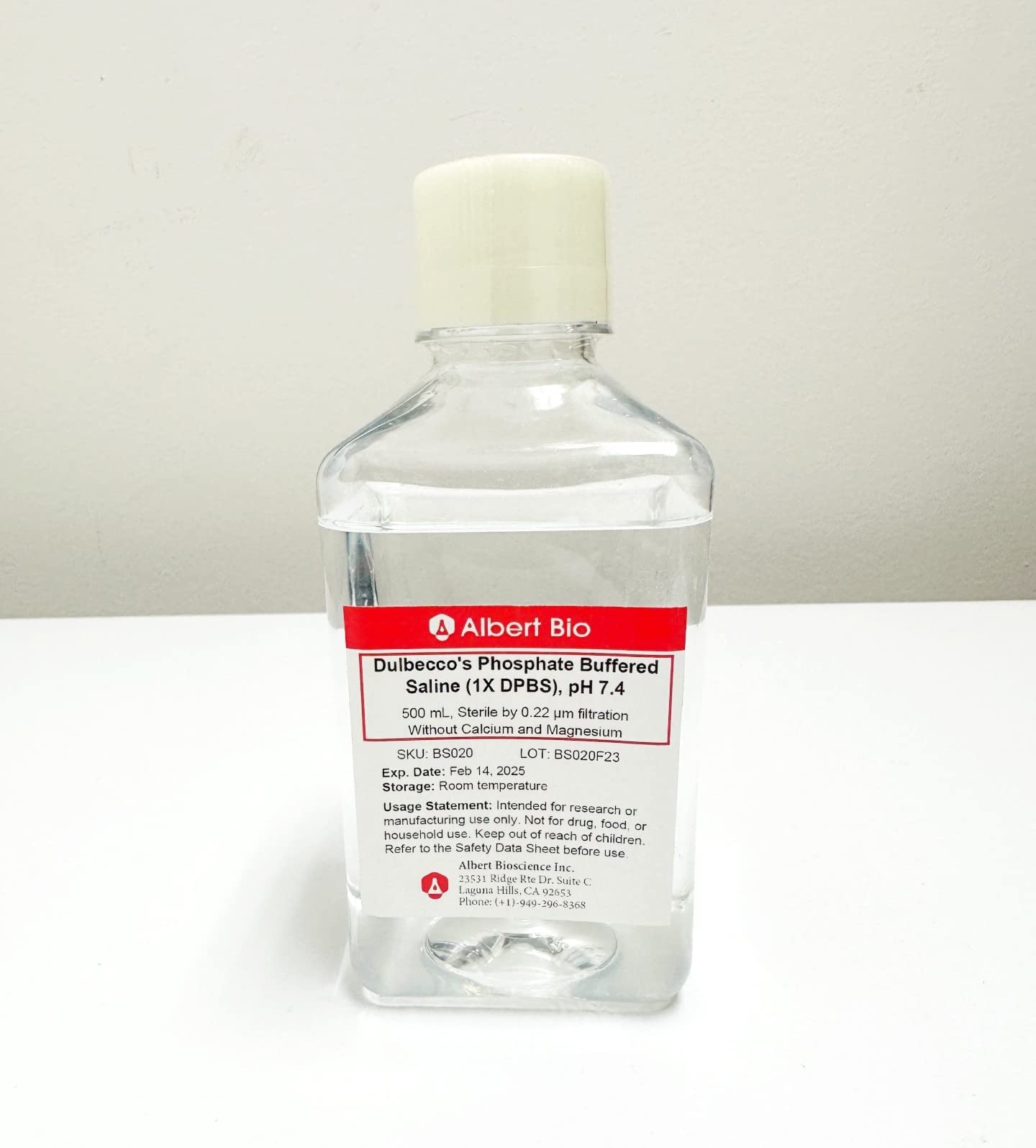 Dulbecco's Phosphate Buffered Saline (1X DPBS), pH 7.4, 500 mL, Sterile by 0.22 μm Filtration Without Calcium and Magnesium