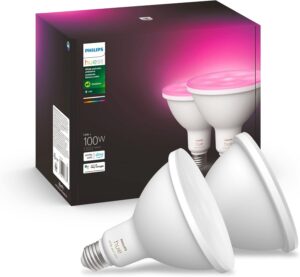 philips hue white and color ambiance par38 outdoor spotlight, two-pack, requires hue bridge, compatible with alexa, apple homekit and google assistant