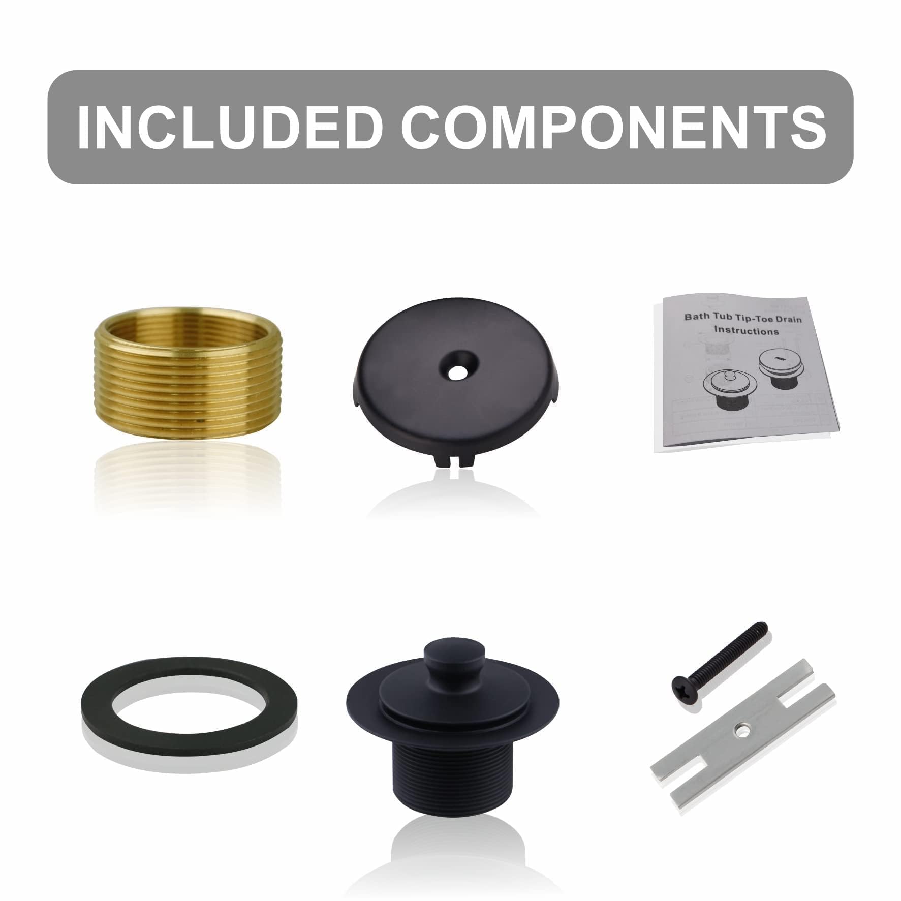 Matte Black Tub Drain and Overflow Kit with Single Hole Overflow Faceplate, Welsan Universal All Metal Lift & Turn Black Bathtub Drain Kit with Fine/Coarse Thread Conversion Twist Trim Kit Assembly