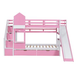 SIYSNKSI Twin-Over-Twin Castle Style Bunk Bed with 2 Drawers and 3 Shelves, Wood Bunk Bed Frame with Slide and Storage Staircase for Kids Teens Boys Girls, Maximize Space Savings (Pink-Twin-3)