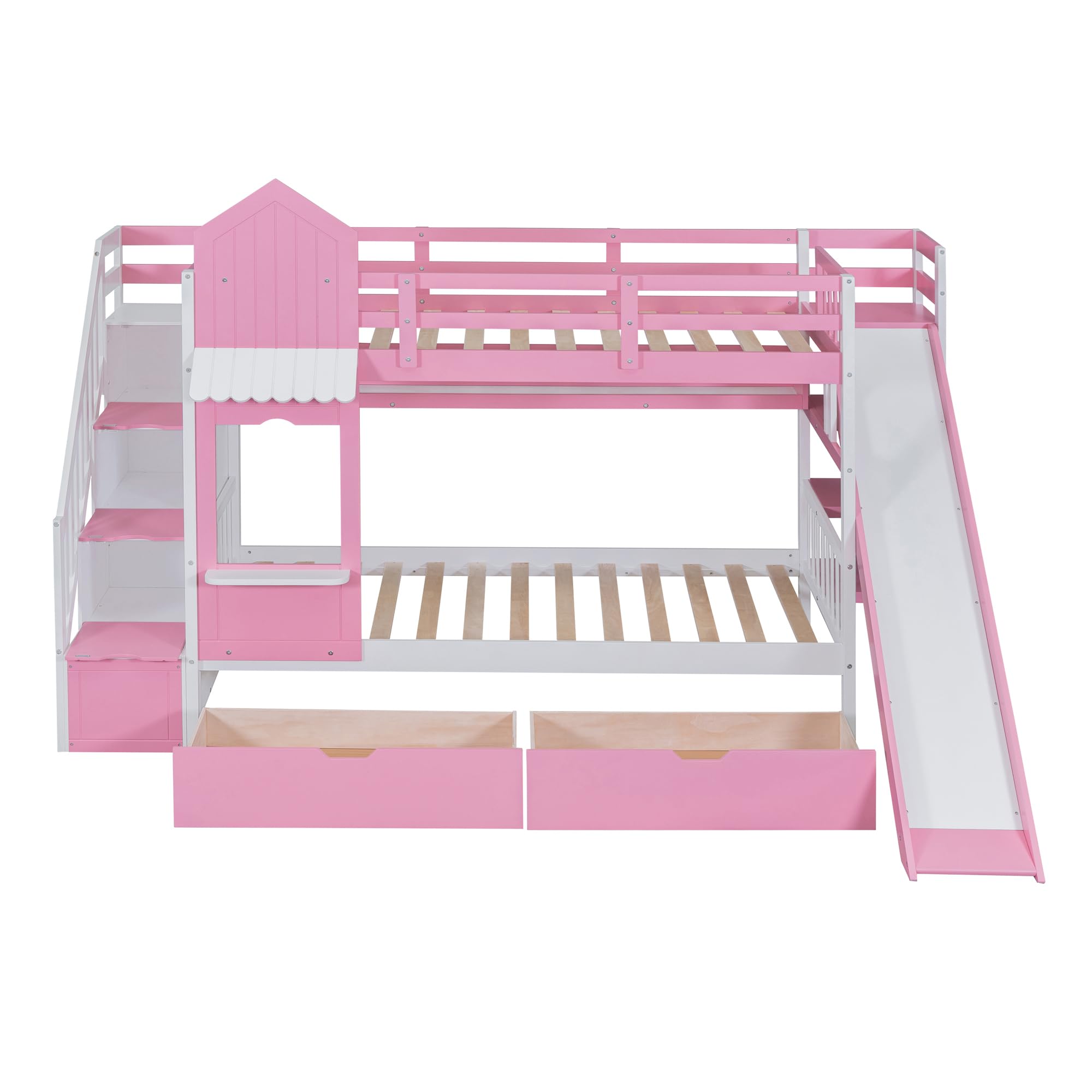 Bellemave Twin Over Twin Castle Bunk Bed with Slide & Storage Stairs, Wood Playhouse Bunk Beds Frame with Shelves & Drawers, Pink Princess Bunk Bed for Girls Boys Teens, No Box Spring Needed