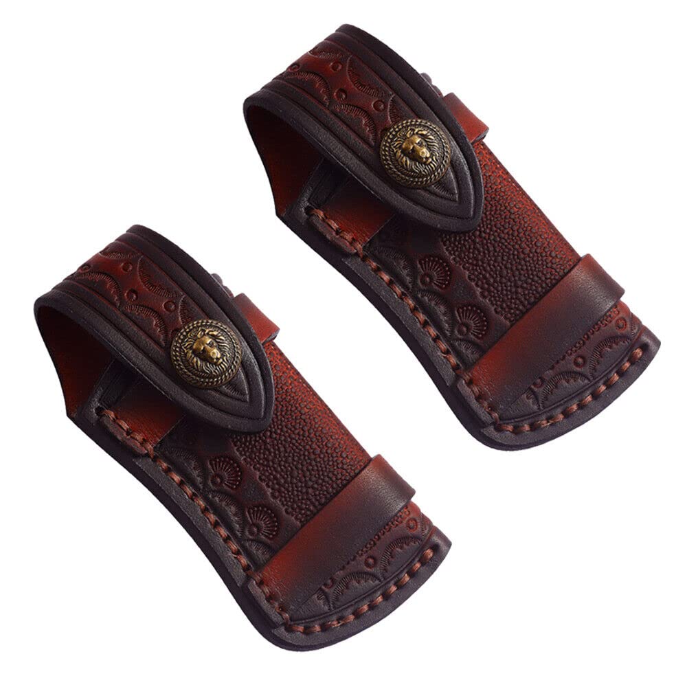 2PC Hand Made Carved Leather Sheath for Folding Knife Cover Pouch Belt Clip