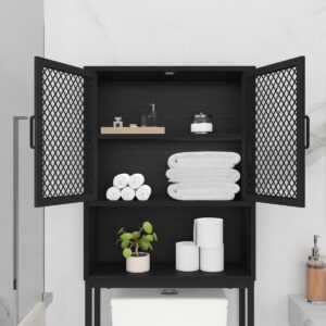 Launica Bathroom Organizer Over Toilet, Wood Metal Bathroom Over The Toilet Storage, Industrial Bathroom Space Saver Shelf Over Toilet, Freestanding Bathroom Cabinet Above Toilet wtih Rack, Black Oak