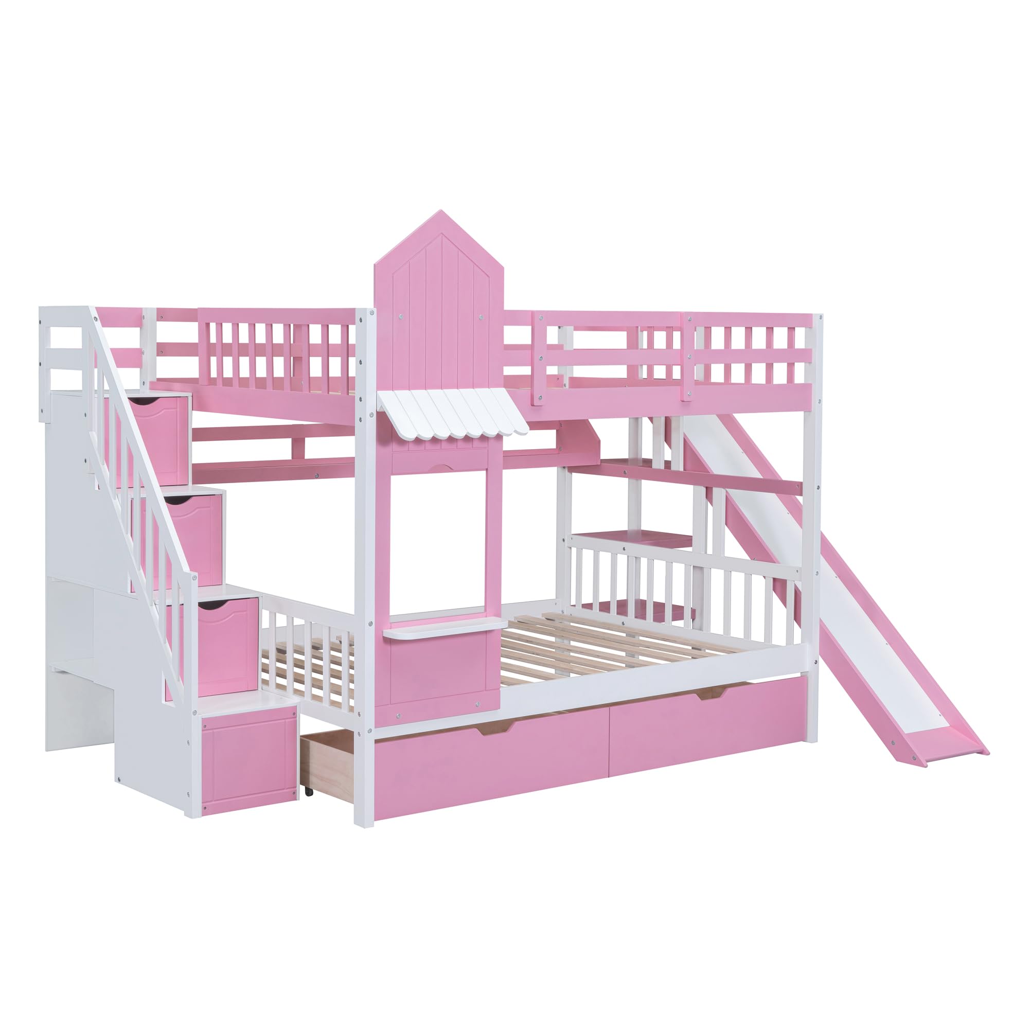 Kids Bunk Bed with Stairs and Slide, Wood Full Over Full Bunk Bed with Storage Drawers and Shelves, Castle Style Bunk Beds for Kids Teens Girls Boys, Pink