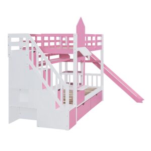 SIYSNKSI Twin-Over-Twin Castle Style Bunk Bed with 2 Drawers and 3 Shelves, Wood Bunk Bed Frame with Slide and Storage Staircase for Kids Teens Boys Girls, Maximize Space Savings (Pink-Twin-3)